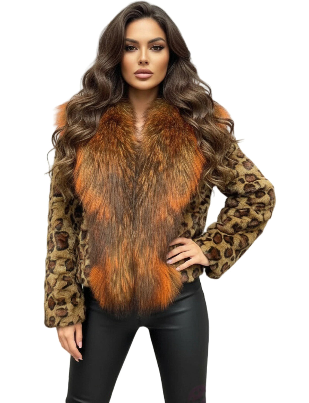 Women's Leopard Print Natural Mink Fur Coat with Big Raccoon Fur Collar Warm Winter Jacket for Cold Weather