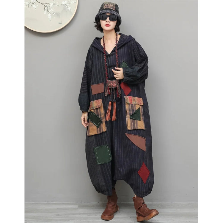 Unique Vintage-style Patchwork Jumpsuit Women Autumn Loose Hooded Long Sleeves Overalls LX6788