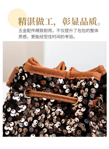 New Chic Multicolor Sequin Shing Shoulder Bag Fashion Versatile Handbag Drawstring Bucket Bag Large Capacity Wallet Purse Bags