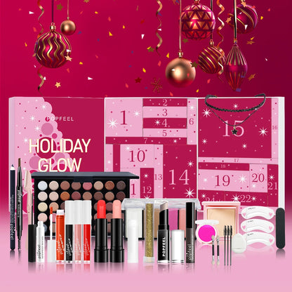 POPFEEL 24 Day Holiday Glow Advent Calendar, Complete Makeup Set with Skincare, Brushes & Cosmetics, 24 Surprise Beauty Gift Box