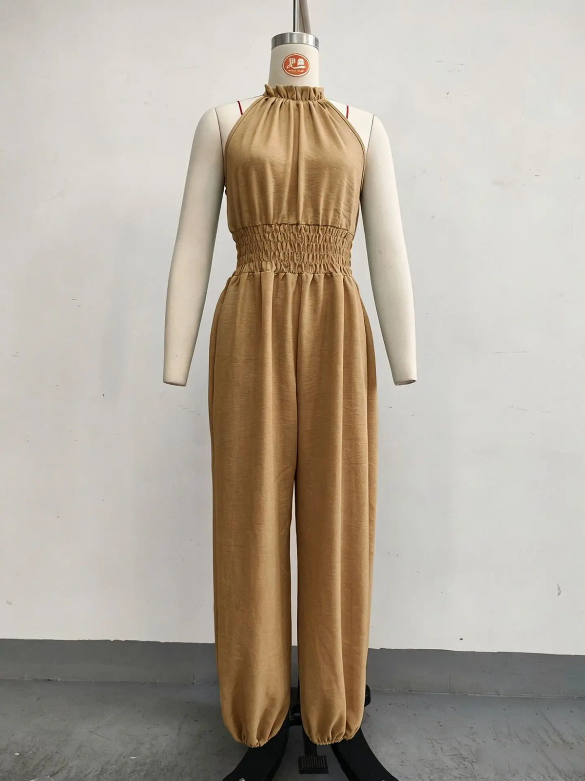 Summer Sexy Halter Sleeveless Pleated Jumpsuit Women Fashion Solid Elastic Waisted Wide Leg Jumpsuit Casual Loose Rompers Street