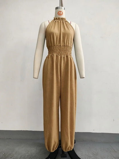 Summer Sexy Halter Sleeveless Pleated Jumpsuit Women Fashion Solid Elastic Waisted Wide Leg Jumpsuit Casual Loose Rompers Street