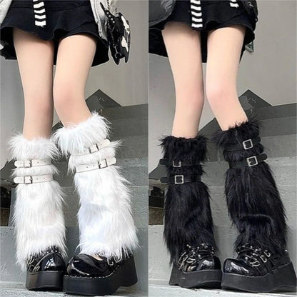 Furry Leg Warmers Women Sweet Lolita Leather-Buckle Plush Leg Covers Y2k Hottie Subculture JK Long Socks Punk Gothic Foot Covers