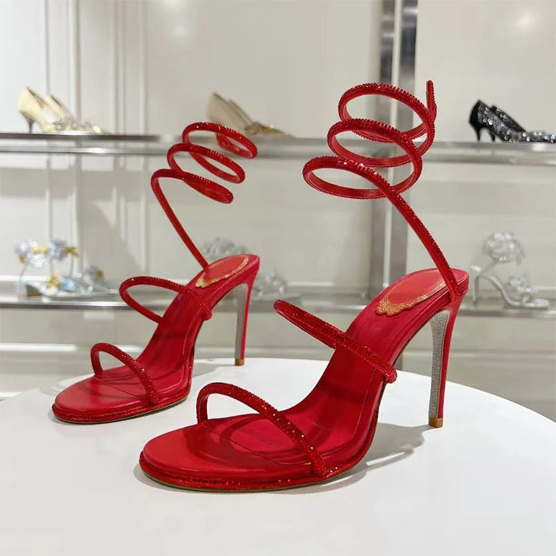 Summer Crystal Gladiator Sandals Women Rhinestone Twine Around Ankle Snake Wedding Shoes High Heels Sandals Woman