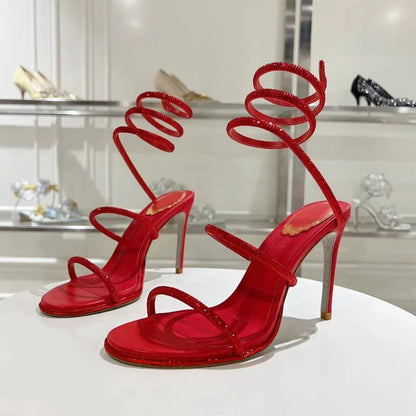 Summer Crystal Gladiator Sandals Women Rhinestone Twine Around Ankle Snake Wedding Shoes High Heels Sandals Woman