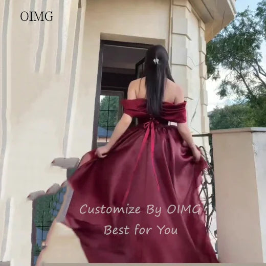 OIMG Elegant Burgundy Off The Shoulder Asymmetry Prom Gowns Backless Gala-ready Party Gown Floor Length Evening Dress Customized