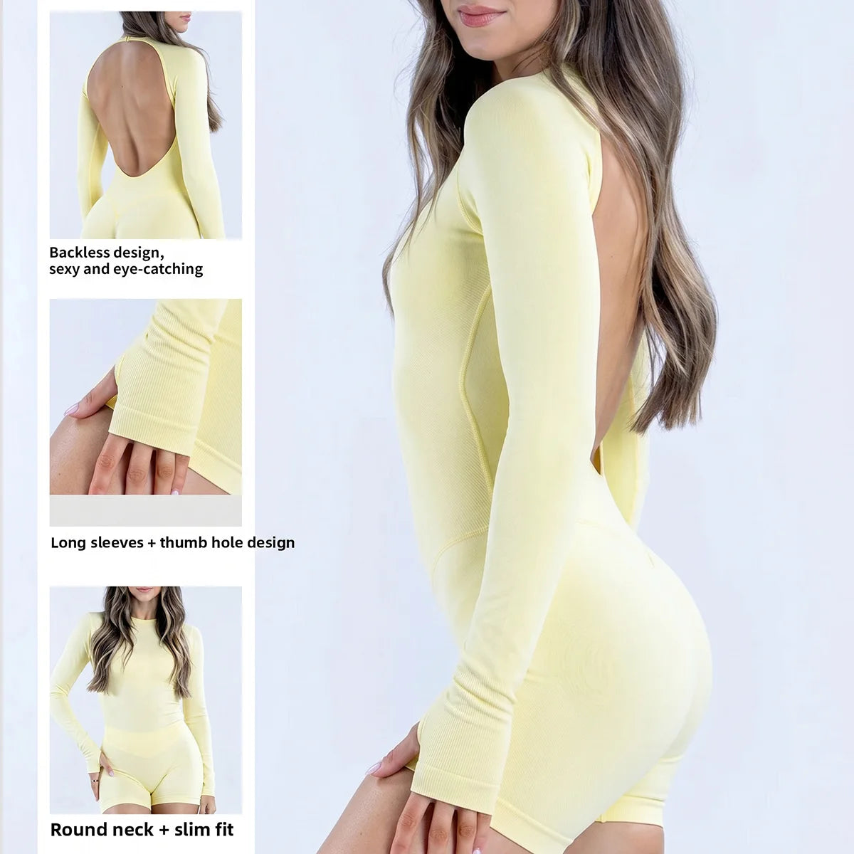 Denyf New-Women Activewear Bodysuit One Piece Backless Long Sleeve Short Leggings Seamless High Stretch for Yoga Run Gym Fitness