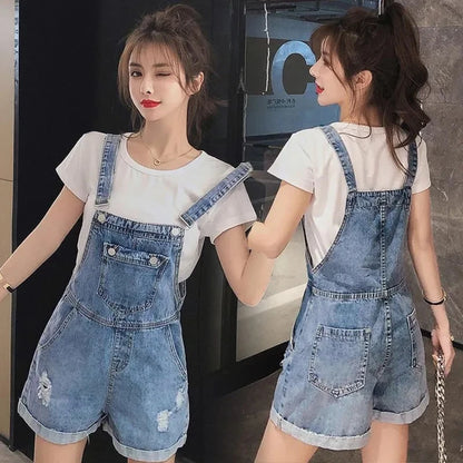Denim Rompers Women Summer Baggy Solid Suspender Jeans Student Jeans Jumpsuit Korean Style Casual Denim Shorts Strap Dresses