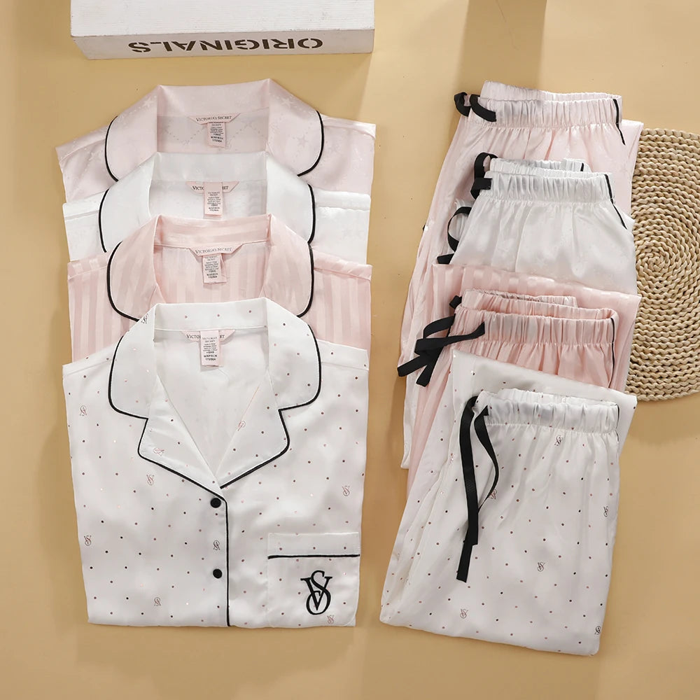 Victoria's Secret Suit Womens Silk Satin Pajamas Set Short Sleeve Shorts Sleepwear Loungewear Soft Breathable Button Down Pyjama
