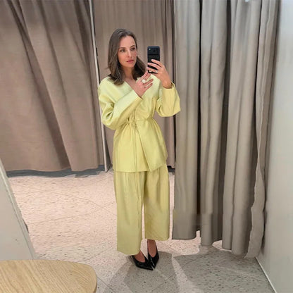 Elegant Women's Lace Up Shirt Pant Sets 2026 Summer V-neck Long Sleeve Top High Waist Loose Wide Leg Pant Two Piece Set Women