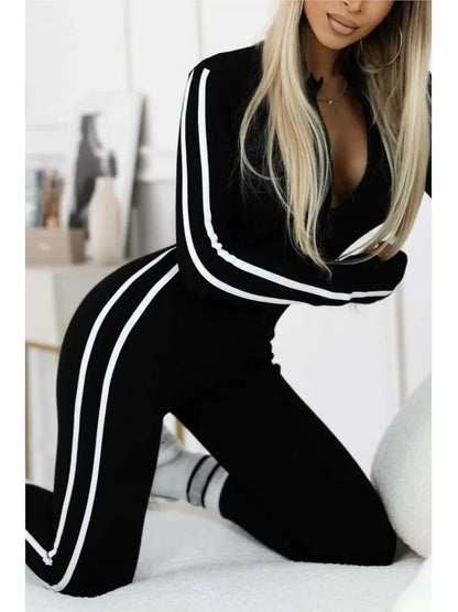 Fashion V-neck Long Sleeve Stripe Bodycon Jumpsuits 2025 Woman Autumn Winter Solid Sport Zipper Slim Jumpsuits For Women