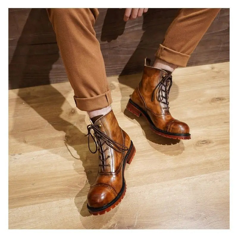 Fashion Cow Genuine Leather Motorcycle Boots Brogue Shoes Retro High Big Head Men's Mid-calf Chelsea Boots For Men Brown