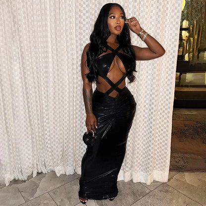 Doyerl Halter Bandage Hollow Out Party Dresses for Woman Evening Prom Club Sleeveless Sheath Slim Bodycon Maxi Dress Robe Femme
