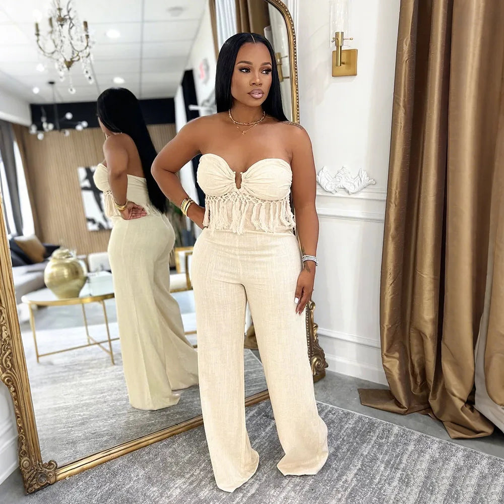 HBLL Sexy Women Fringe Jumpsuits One Piece Outfits Women Summer Bodycon Jumpsuit Strapless Sleeveless Female Streetwear Overalls