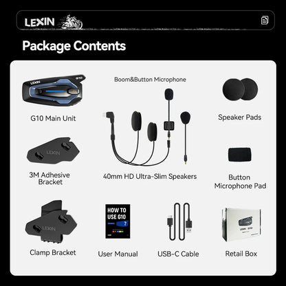 NEW-LEXIN G10 Motorcycle Helmet Intercom,8 riders Dual Qualcomm Bluetooth 5.1 intercom,Parallel Audio- intercom and stream music