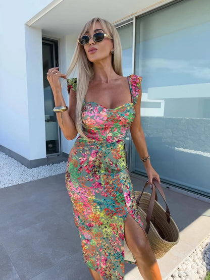 New European and American Summer Elegant Design French Flower Suspender Slit Midi-Length Ladies Dress