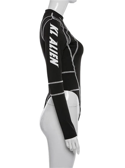2025 Women Sexy Mesh Patchwork Letter Print Bodysuit Fashion Balck Patchwork Long Sleeve O-Neck Fitness Tops Wild Streetwear