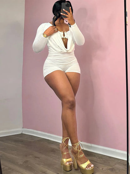 Sisterlinda Swinging Neck Playsuits Women Solid Metal Splice Cleavage Full Sleeve Stretch Sexy Slim Romers Chic Trend Clubwear