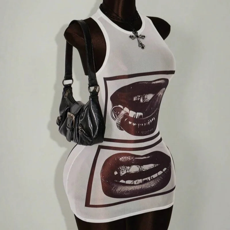 European American Personalized Print Sleeveless Dress Sheer Slimming Short Skirt Summer Fashion For Women