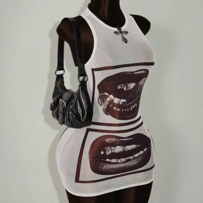 European American Personalized Print Sleeveless Dress Sheer Slimming Short Skirt Summer Fashion For Women