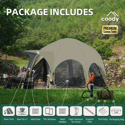 Army Green Coody Cotton Dome Air Tent, Waterproof Durable Large Luxury Geodesic Tent for Outdoor Family Camping
