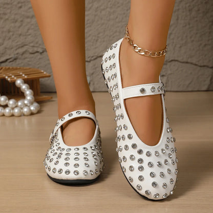 Women's Flat Dress Shoes Bottom Mary Jane Water Diamond Casual Dancing Shoes Genuine Leather Single Shoes Luxury Ballet Flats