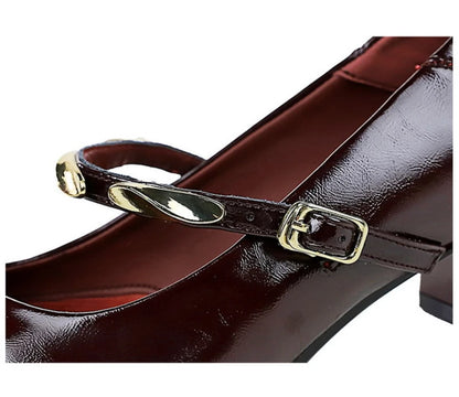 Women Korean Vintage Soft Split Cow Leather Pointed Pumps Simple Single Metal Buckle Strap Mid Chunky Heel Comfort Office Daily