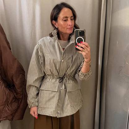 Women Casual Plaid Short Trench Coat Lapel Double Breasted Belted Waist Loose Long Sleeve Checkered Jacket Autumn Windbreaker