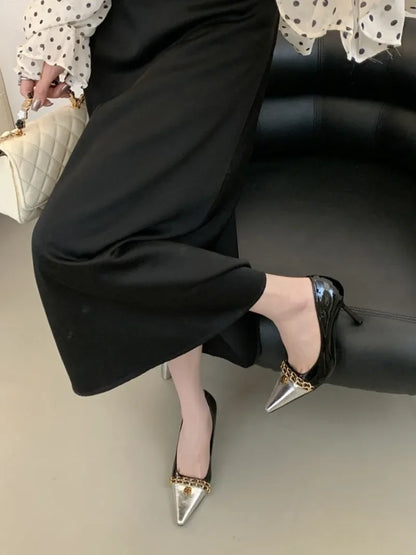 Luxury Metal Decoration Design Pumps Women Sexy Splicing Pointed Toe Stiletto Sandals Elegant Banquet Dress Shoes Zapatos Mujer