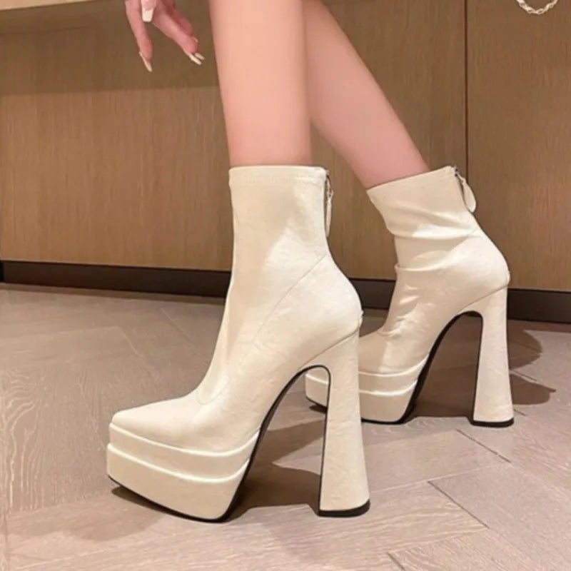 Super High Heel Platform Single Boots Autumn New Pointed Toe Rear Zipper Anti-Slip Wear-Resistant Booties