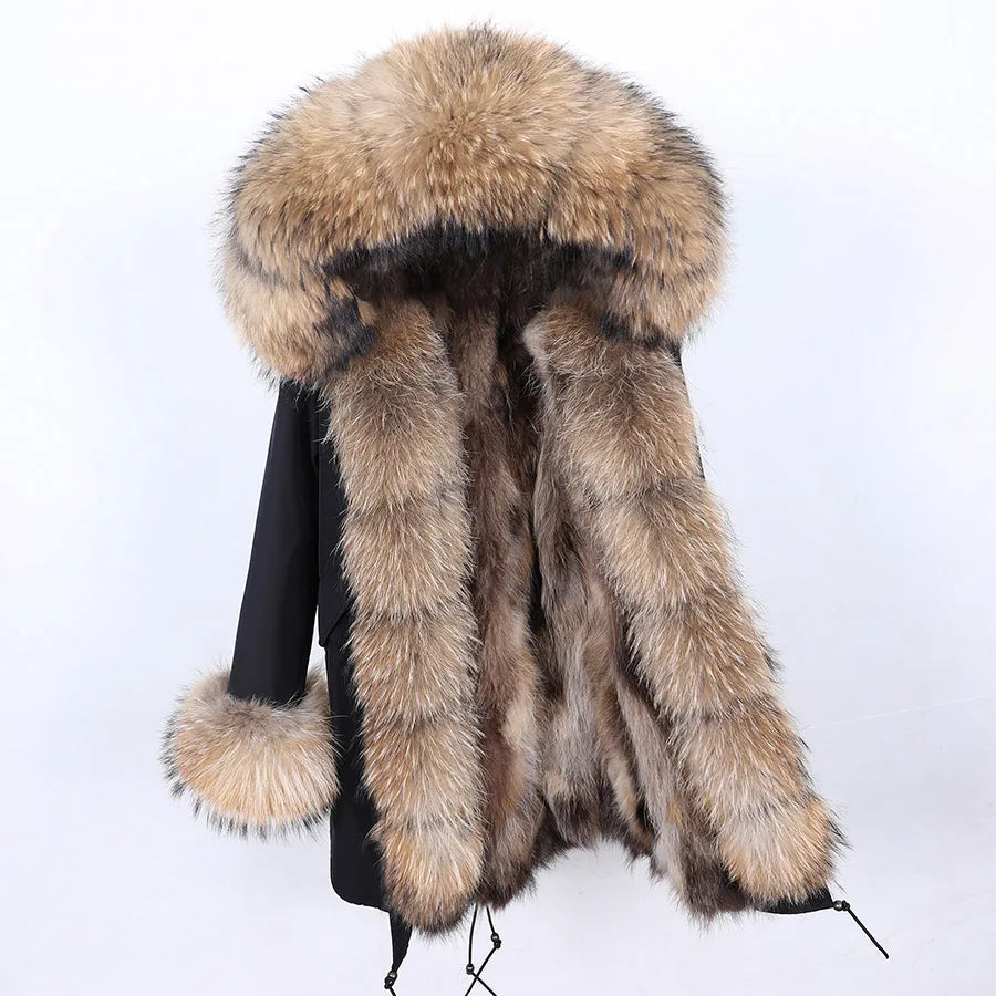 Maomaokong 2026 New Natural Fur Lining Real Fur Coat Winter Jacket Women Raccoon Fur Collar Warm Thick Parkas Female Clothing