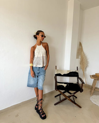 2026 New Style Women's Sleeveless  Knitted Halter Top, with Open Slit and Crochet Mesh Geometric Texture Sleeveless Draping Loose Top, Shipped from American Warehouse, Fast Delivery, Bohemian Style for Spring and Summer Outfi