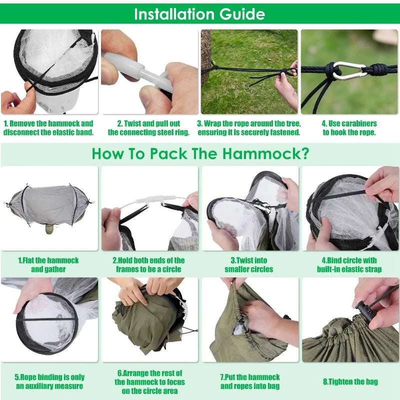 3-in-1 Camping Hammock with Automatic Pop-Up Mosquito Net, Lightweight 70D Nylon Portable Hammock Supports 440lbs, Dual Zipper Outdoor Hammock for Camping Hiking Backpacking Beach Backyard