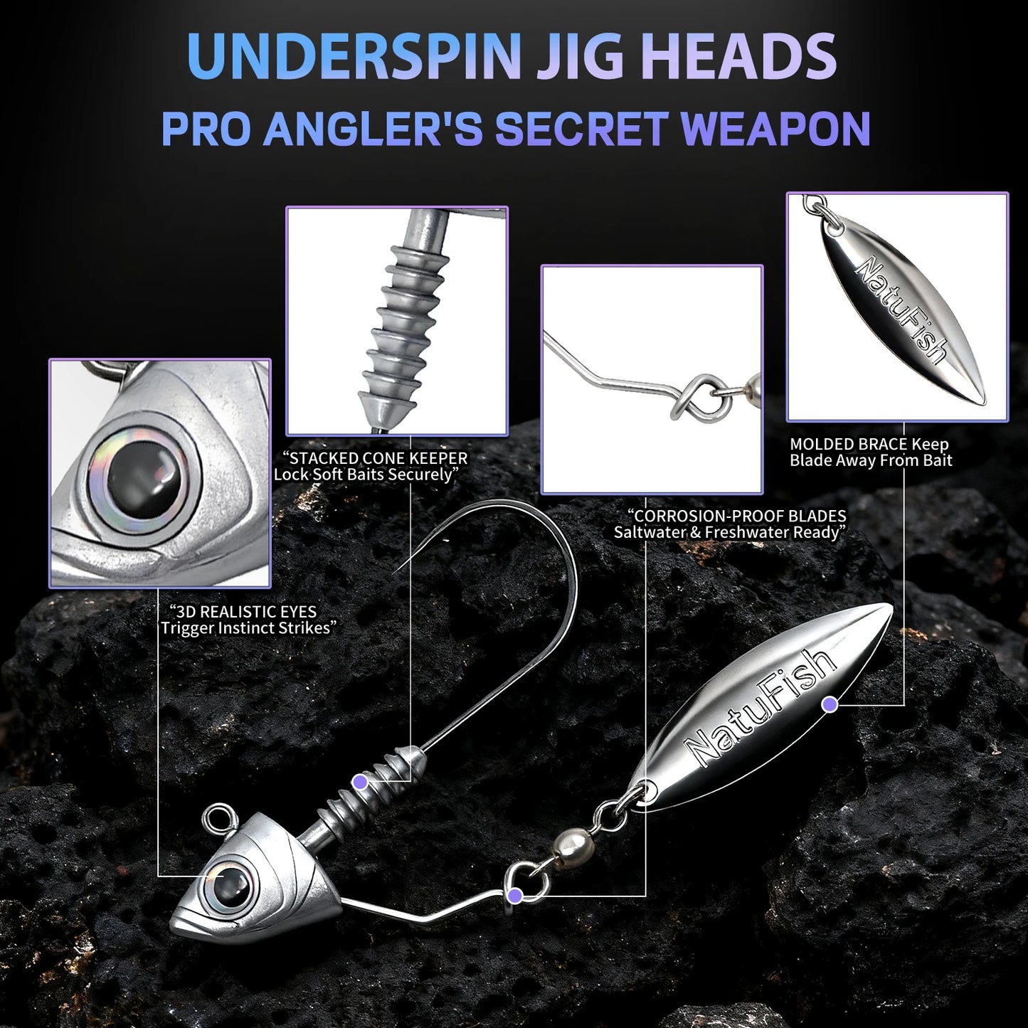 FishTrip 6-Pack Underspin Jig Heads Hook,  with Brass Blade Fishing Hook for Bass & Saltwater Fishing