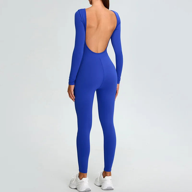 New Summer Sexy V Back Gym Sports Jumpsuit Yoga Clothes Rompers Women Long Sleeveles Workout Bodysuits Backless One-piece Suit