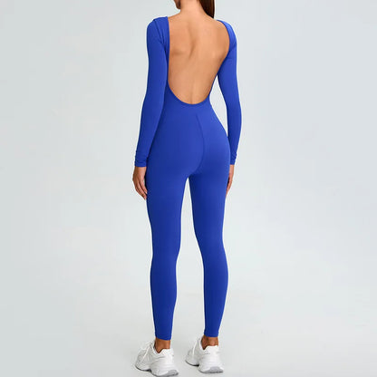 New Summer Sexy V Back Gym Sports Jumpsuit Yoga Clothes Rompers Women Long Sleeveles Workout Bodysuits Backless One-piece Suit
