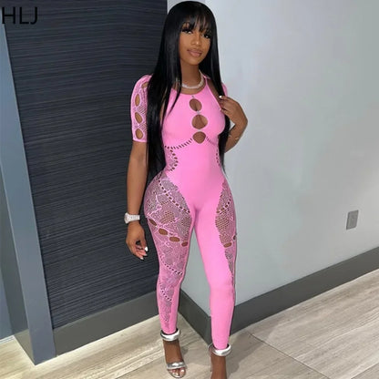 HLJ&GG Sexy Lace Hollow Bodycon Party Nightclub Jumpsuits Women Short Sleeve Skinny Pants Playsuits Female Hole Overalls 2025
