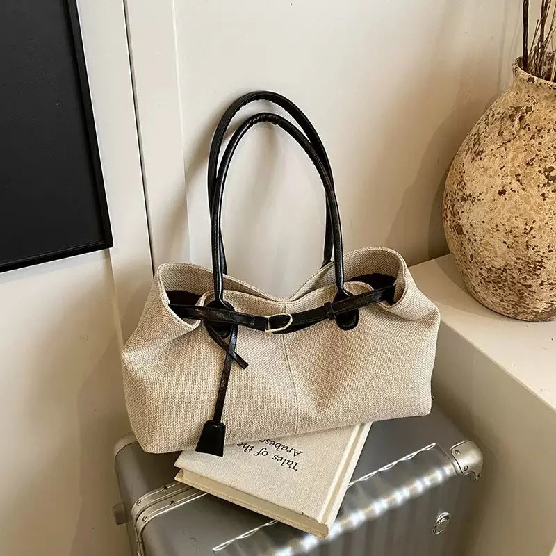 CLAREGQI  Women's Large Capacity Canvas Tote Bag, Leather Handle Shoulder Underarm Bag, Versatile Casual Commuter & Travel Handb