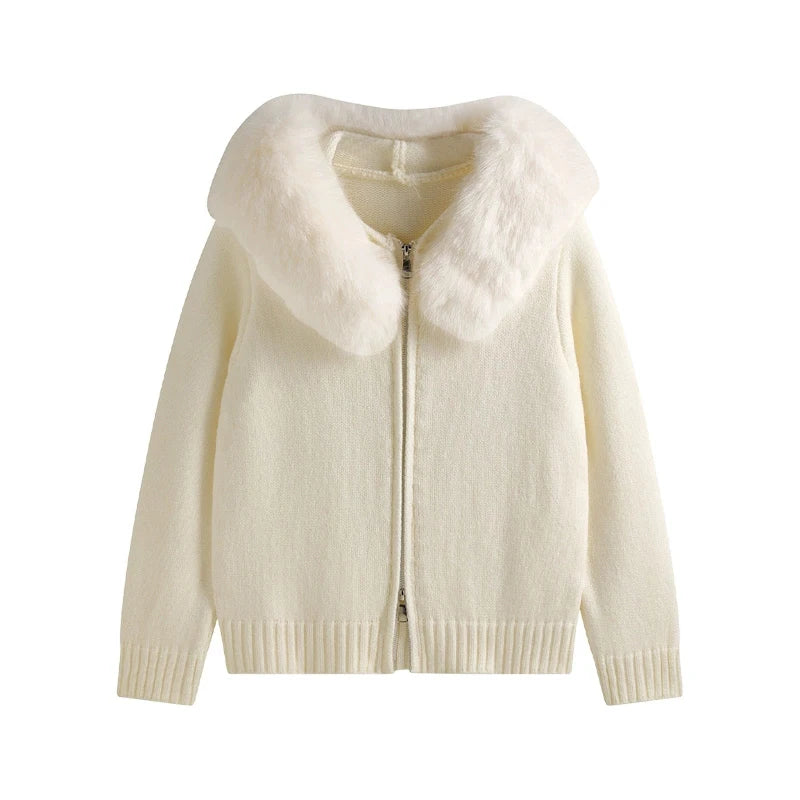 New 2026 Winter Sweater Coat Women Hooded Cardigan Fur Collar Hooded Knit Thicken Warm Women's Coats Chic Casual Outwear Coats