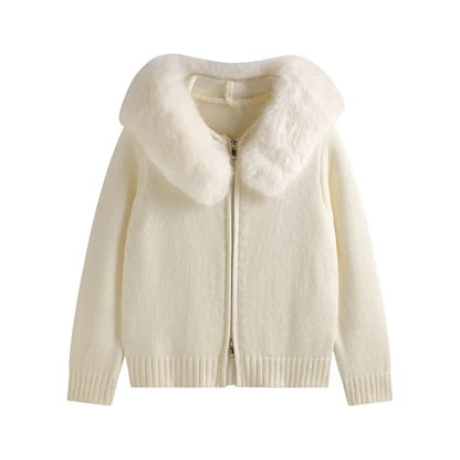 New 2026 Winter Sweater Coat Women Hooded Cardigan Fur Collar Hooded Knit Thicken Warm Women's Coats Chic Casual Outwear Coats