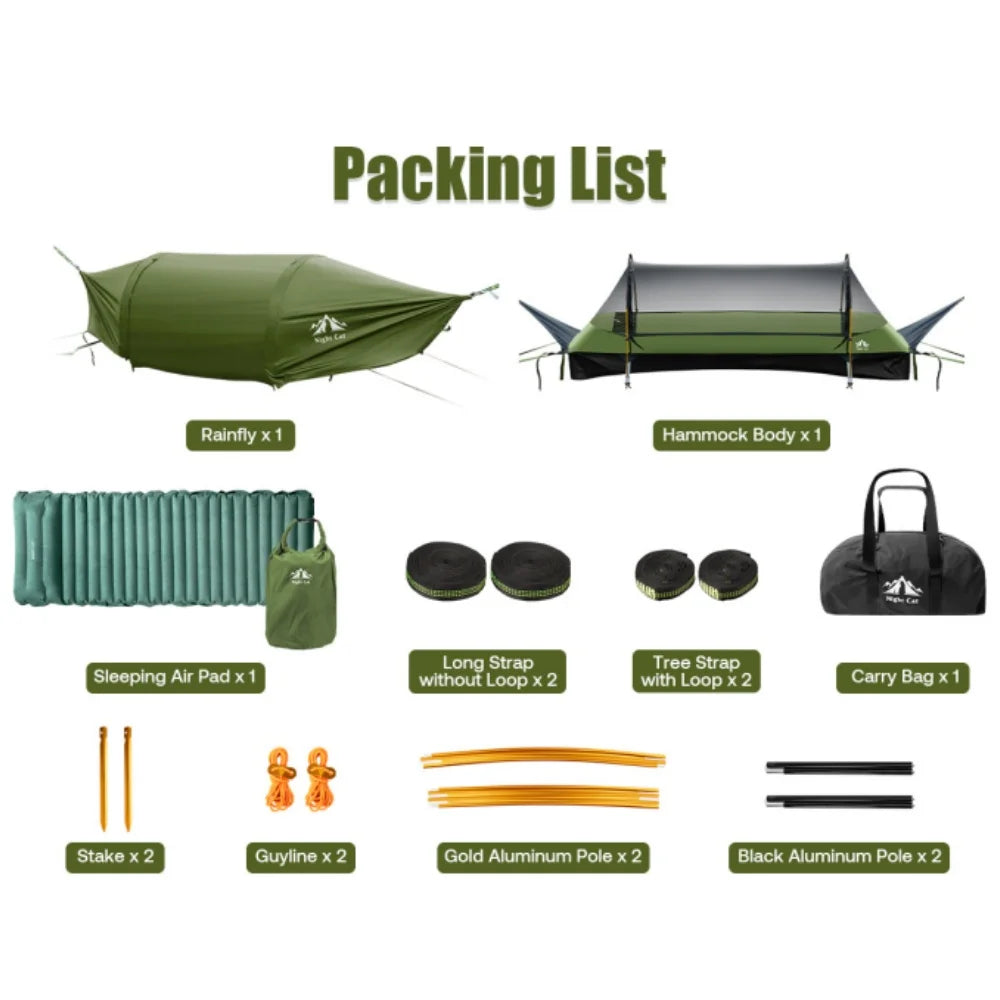 Night Cat Flat Lay Hammock Tent with Mosquito Net Sleeping Air Pad and Waterproof Rainfly for 1 Person Backpacking Hiking Camping Lightweight 330LBS 87x28x19in