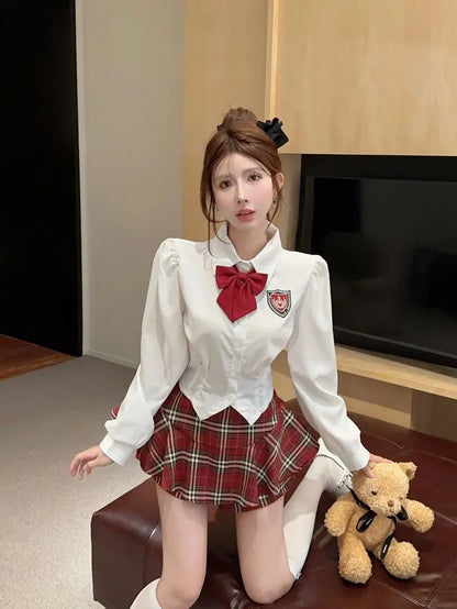 2025 improved cute sexy korea jk suit women autumn jk school uniform women shirt plaid pleated half skirt fashion two-piece set
