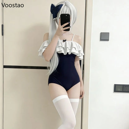 Japanese Harajuku Swimming Jumpsuits Girls Ruffles Sleeveless Straps Swimsuit Women Sexy Cosplay Bodysuit Hottie Tights Rompers