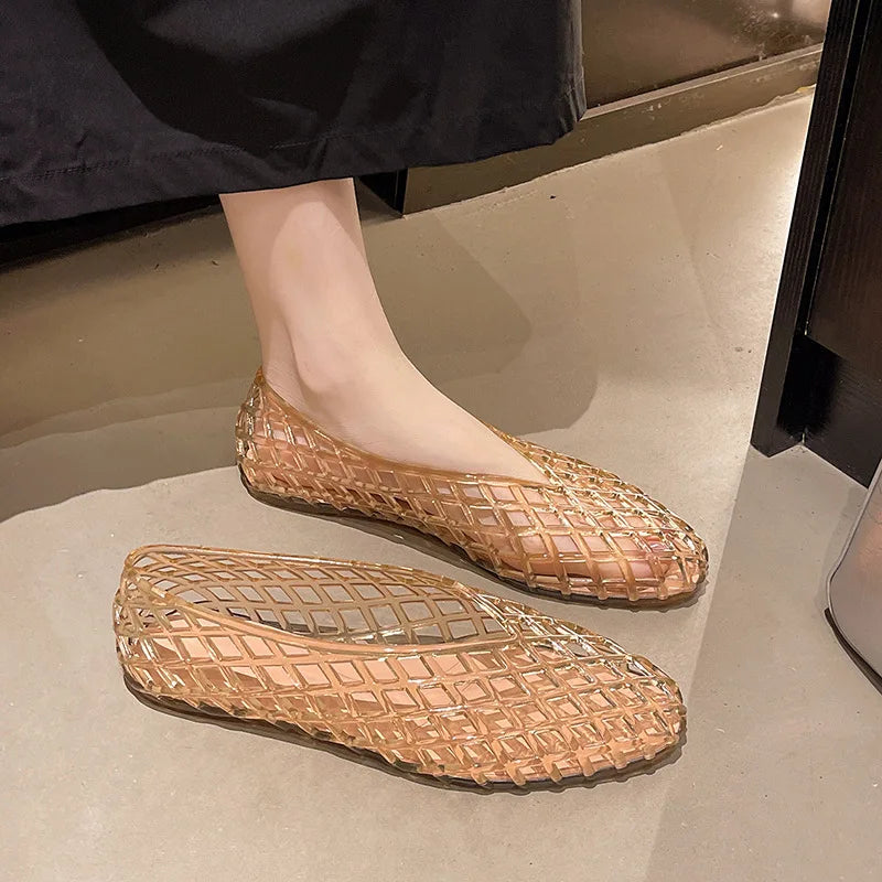 New V-mouth Crystal Jelly Shoes Fashionable, Versatile, Comfortable, Flat Bottom Single Shoes, Casual Sandals for Women