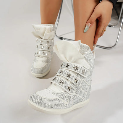 2026 Vintage Rivet Heightened Sneaker Wedge Velcro Casual Bright Diamond Booties