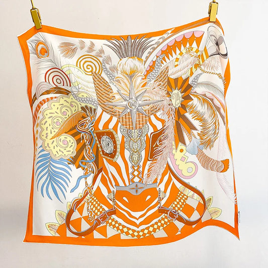 Luxury 100% Mulberry Silk Square Scarf 70X70cm Vintage Exotic Safari Horsebit Floral Print Neck Wrap Shoulder Shawl Bag Decor