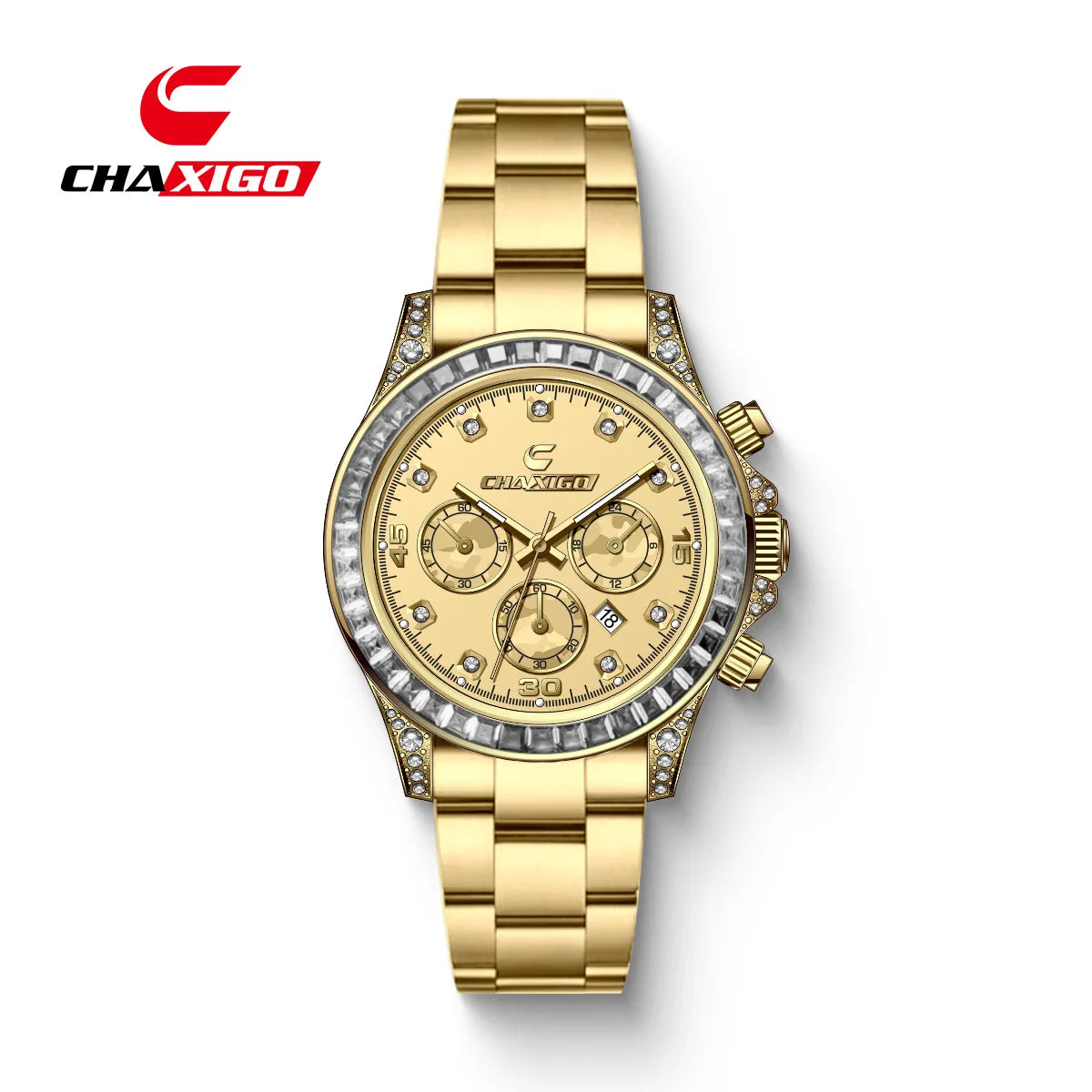CHAXIGO 300 Diamond Studded Multi Functional Men's Quartz Watch Business Timing Steel Belt Light Luxury Calendar Watches for Man