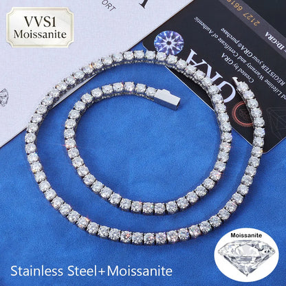 Iced Out 3/4/5mm Stainless Steel Tennis Necklace Round VVS1 Moissanite Water Proof Never Fade For Women Men Hip Hop Jewelry Gift