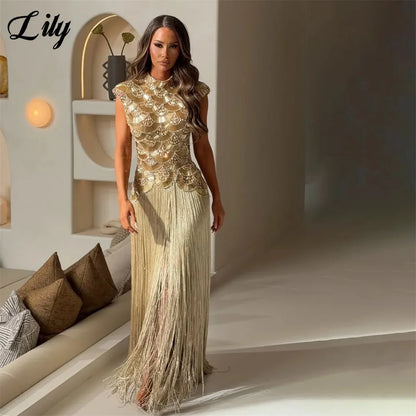 Lily Gold Evening Dress High Neck Cap Sleeve Party Dress Crystal Mermaid Vestidos De Fiesta Tassel Luxury Prom Gowns Customized