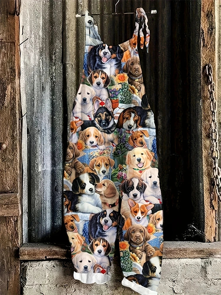 New Summer Women's Jumpsuit Cartoon Dog Print Fashion Cute Casual Jumpsuit Women's Parent-Child Outdoor Travel Lace-Up Jumpsuit